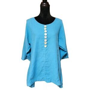 Mosaic USA Women's Linen Tunic Top Size Small S Sky Blue Button Up V-Neck Top